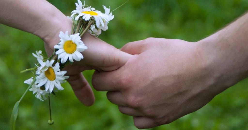 Hands touching in Hasupport with flowers.